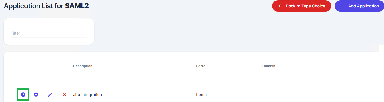 SAML2 Application Table with question mark highlighted