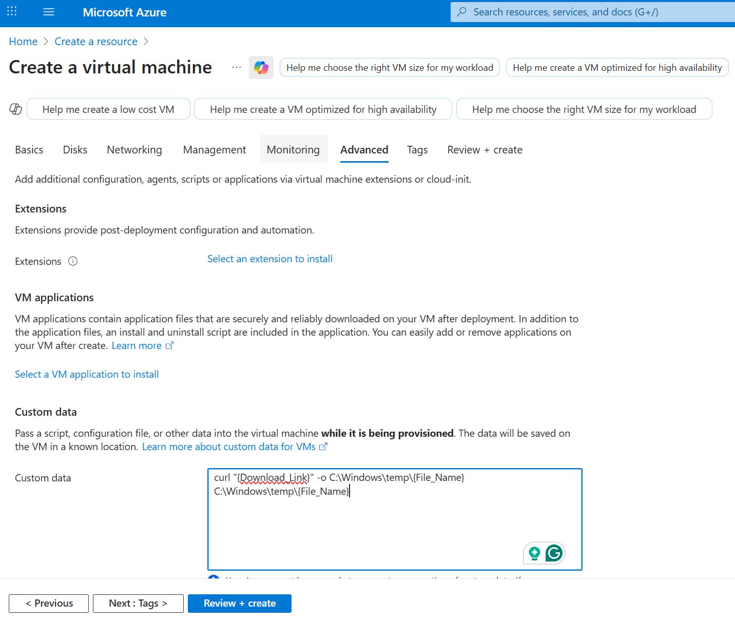Azure Custom Data Example
